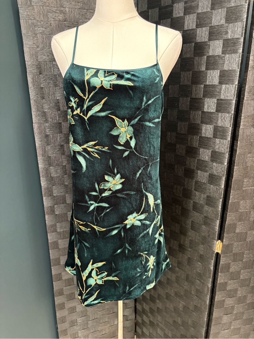 VTG Whimsigoth California Miss Emerald Green Velvet Floral Slip Dress 90s Y2K